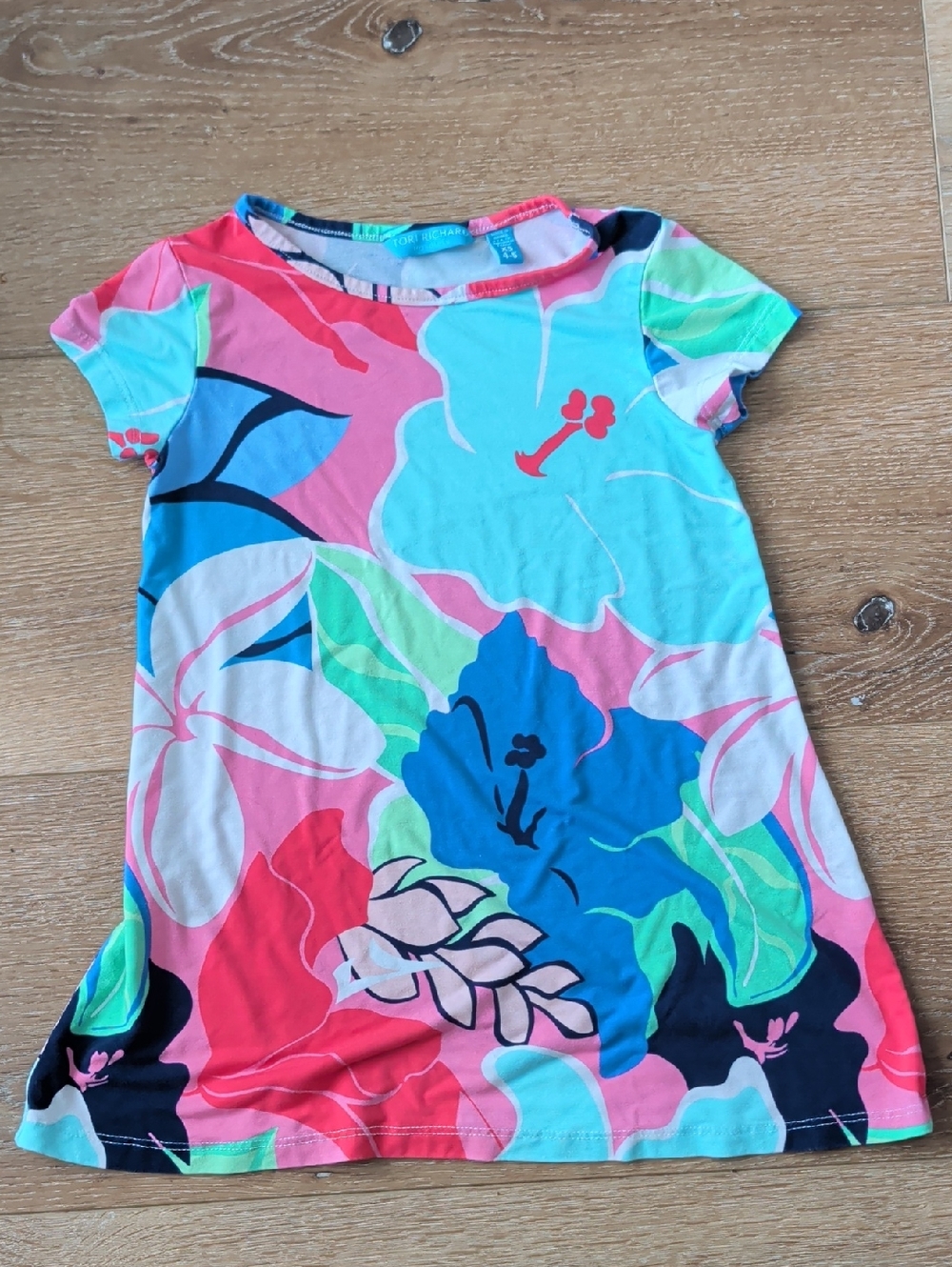 Tori Richard Girls Floral Tee Dress in Turquoise, Pink, Blue and Green Sz 4t 5t